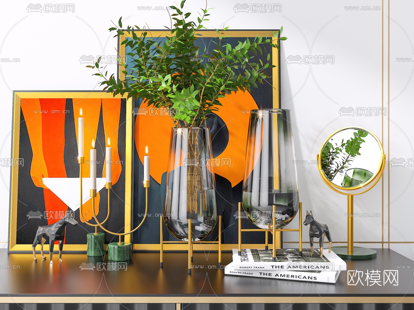 现代玻璃花瓶装饰画摆件组合3d模型下载