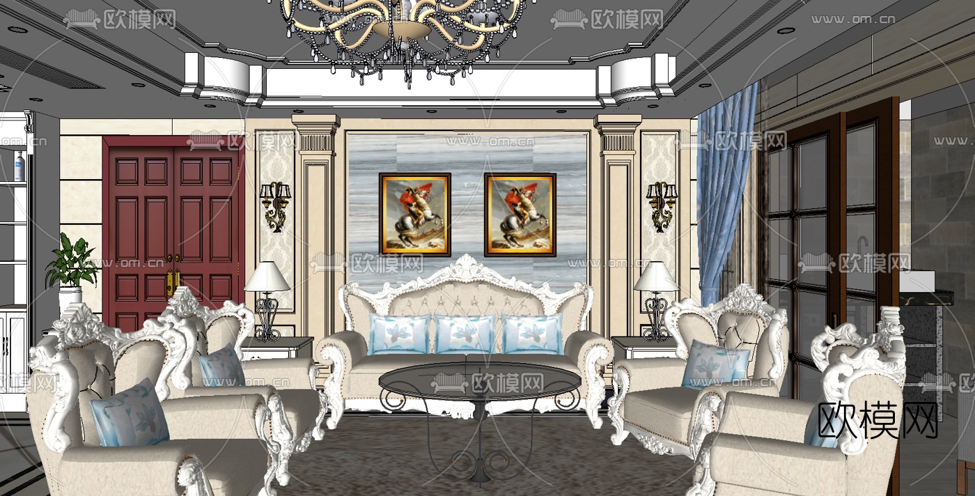 欧式客餐厅su模型下载（渲染图2）