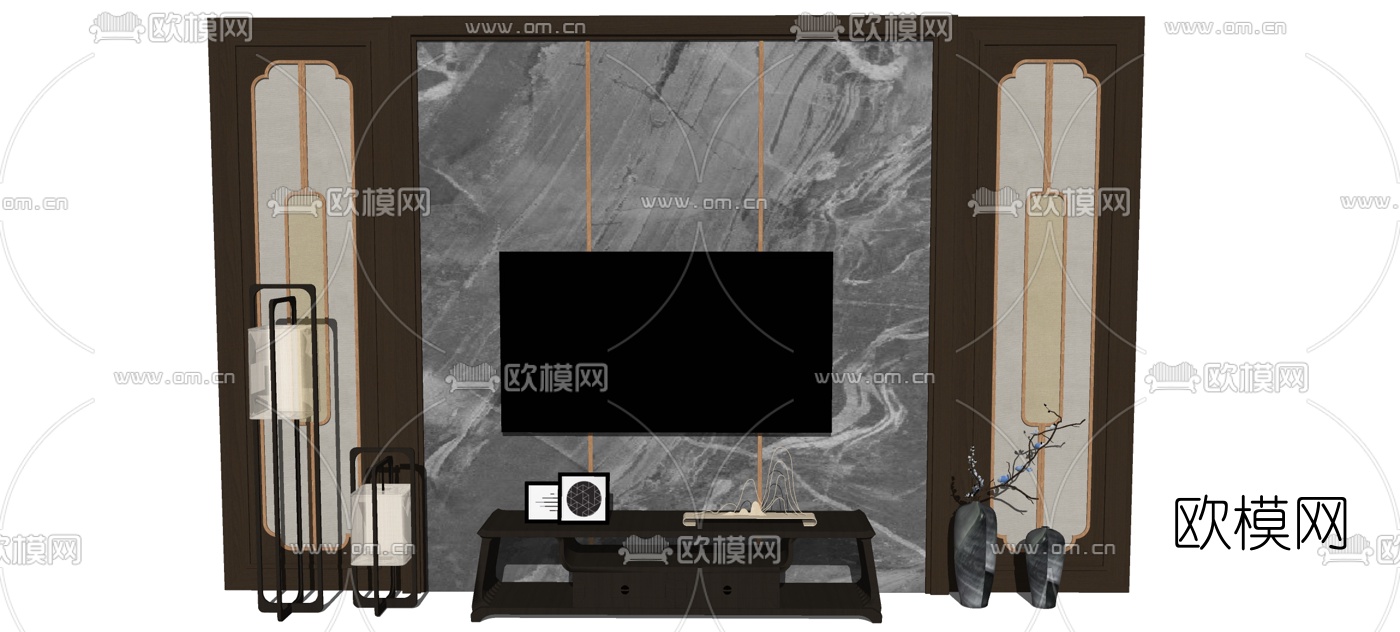 新中式电视柜组合su模型下载（渲染图1）