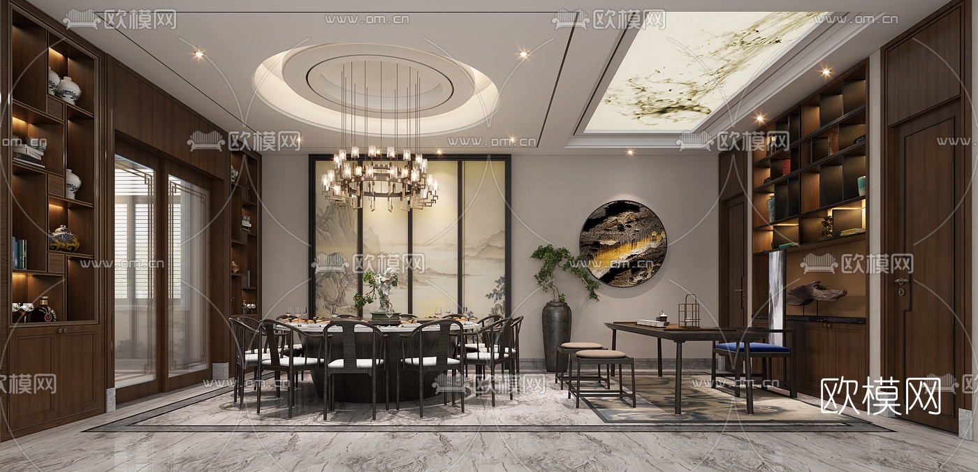 新中式餐厅3D模型-免费3dmax模型库-欧模网