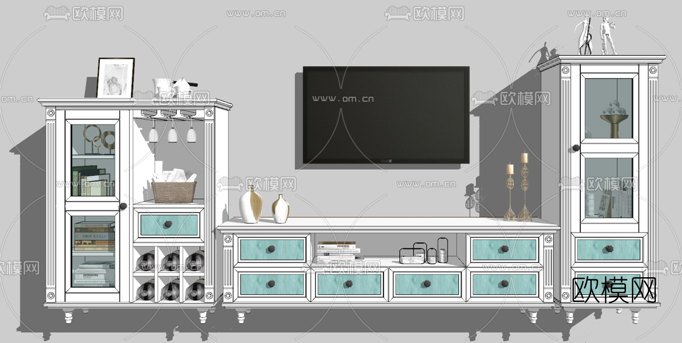 美式电视柜组合柜su模型下载（渲染图1）