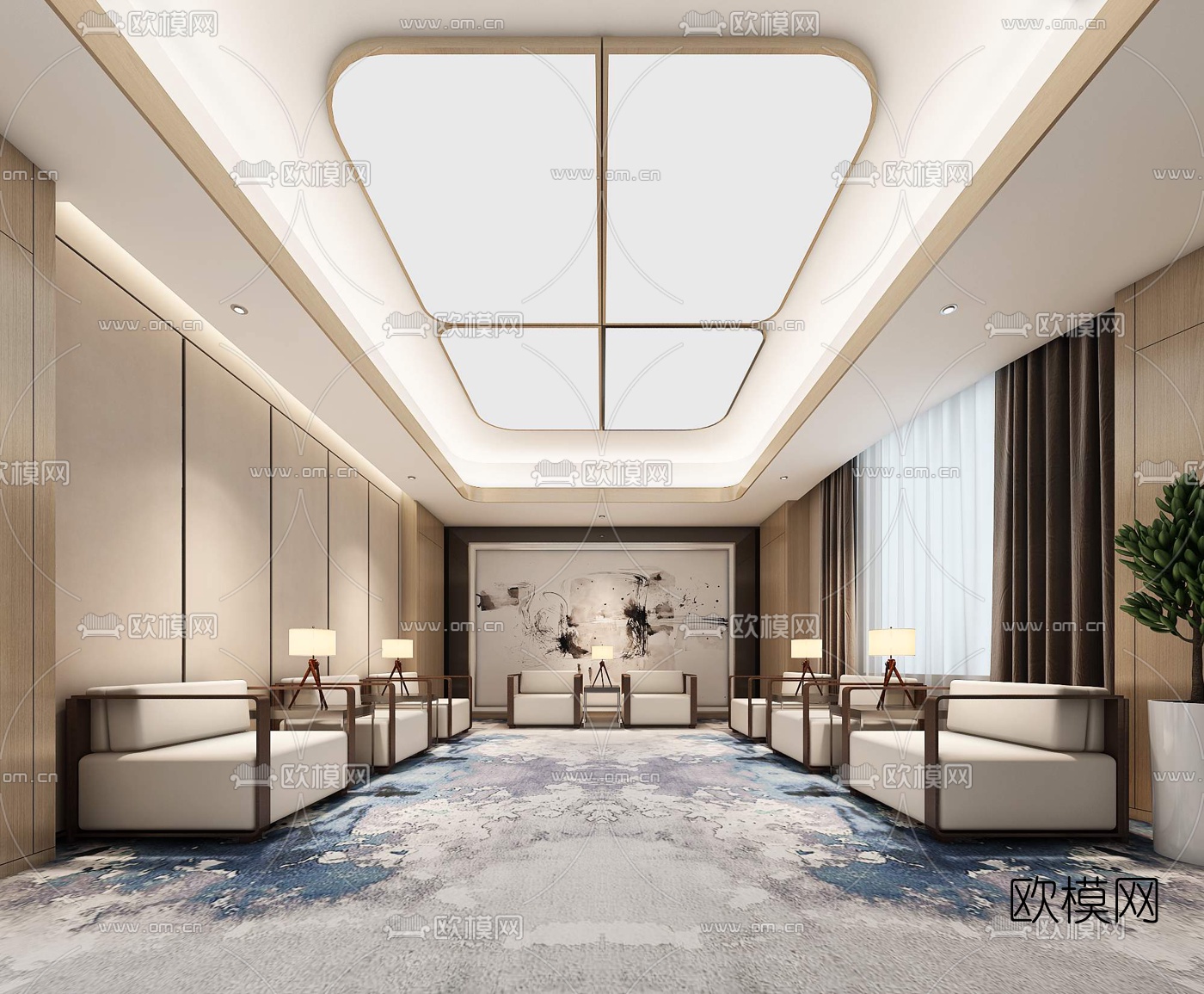 新中式贵宾室接待室会议室3D模型-免费3dmax模型库-欧模网