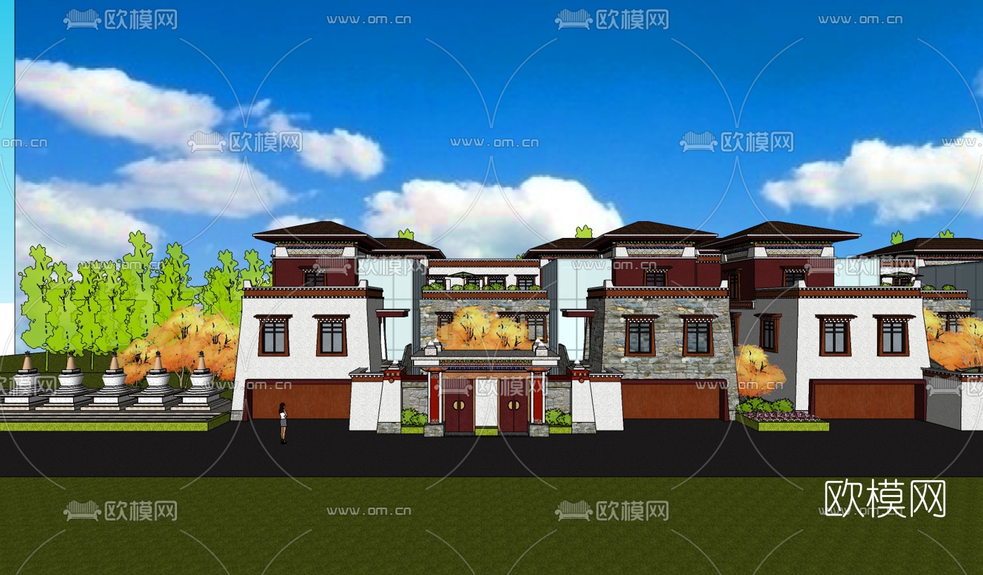 藏式连排别墅su模型下载（渲染图4）