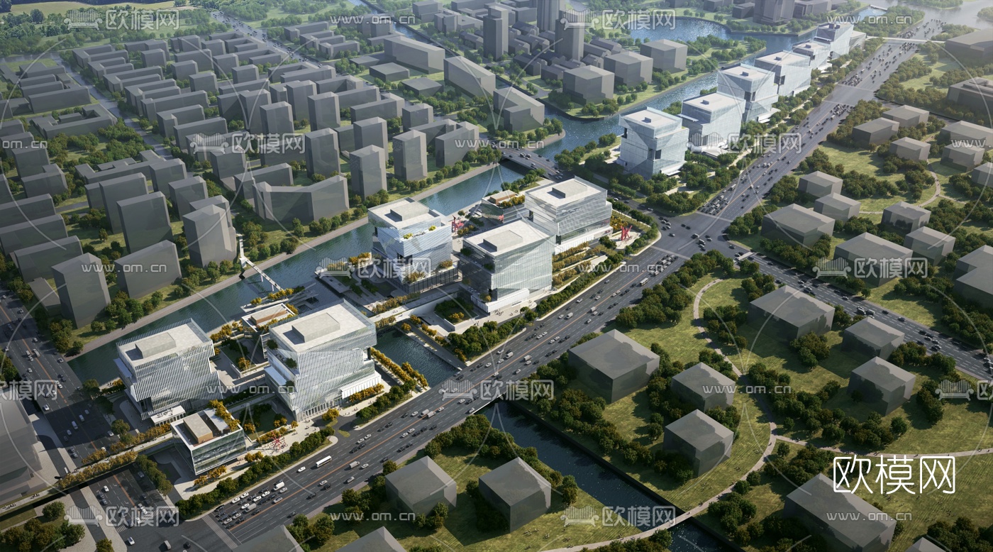 现代办公园区鸟瞰su模型下载（渲染图1）