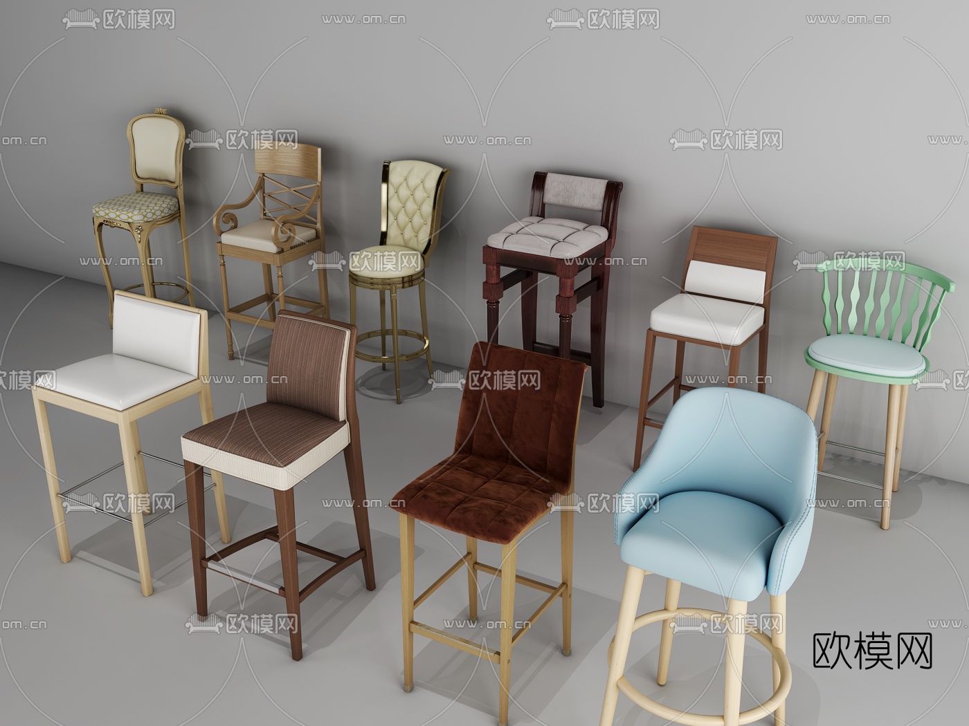 欧式实木布艺吧台椅组合3D模型下载