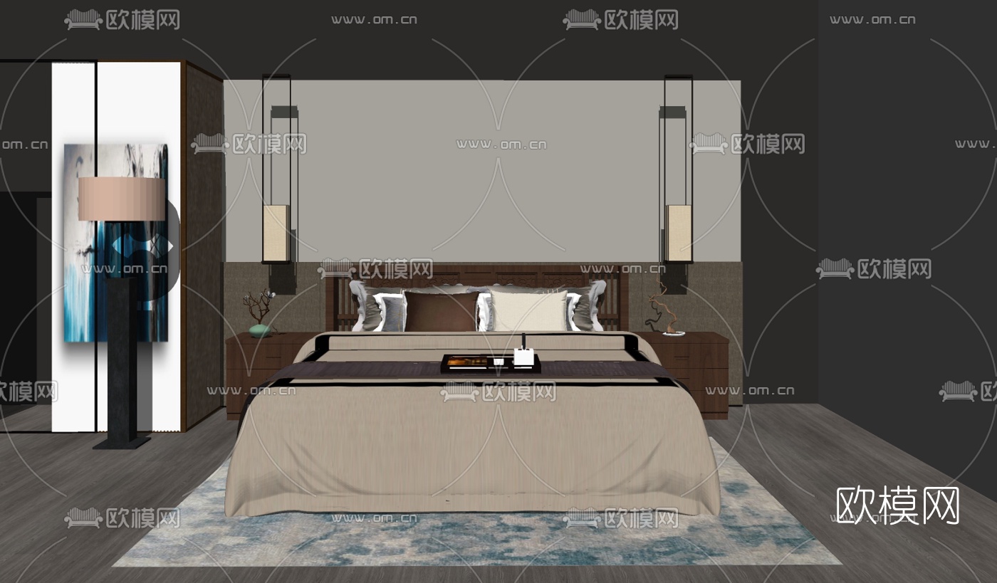 新中式双人床su模型下载（渲染图2）