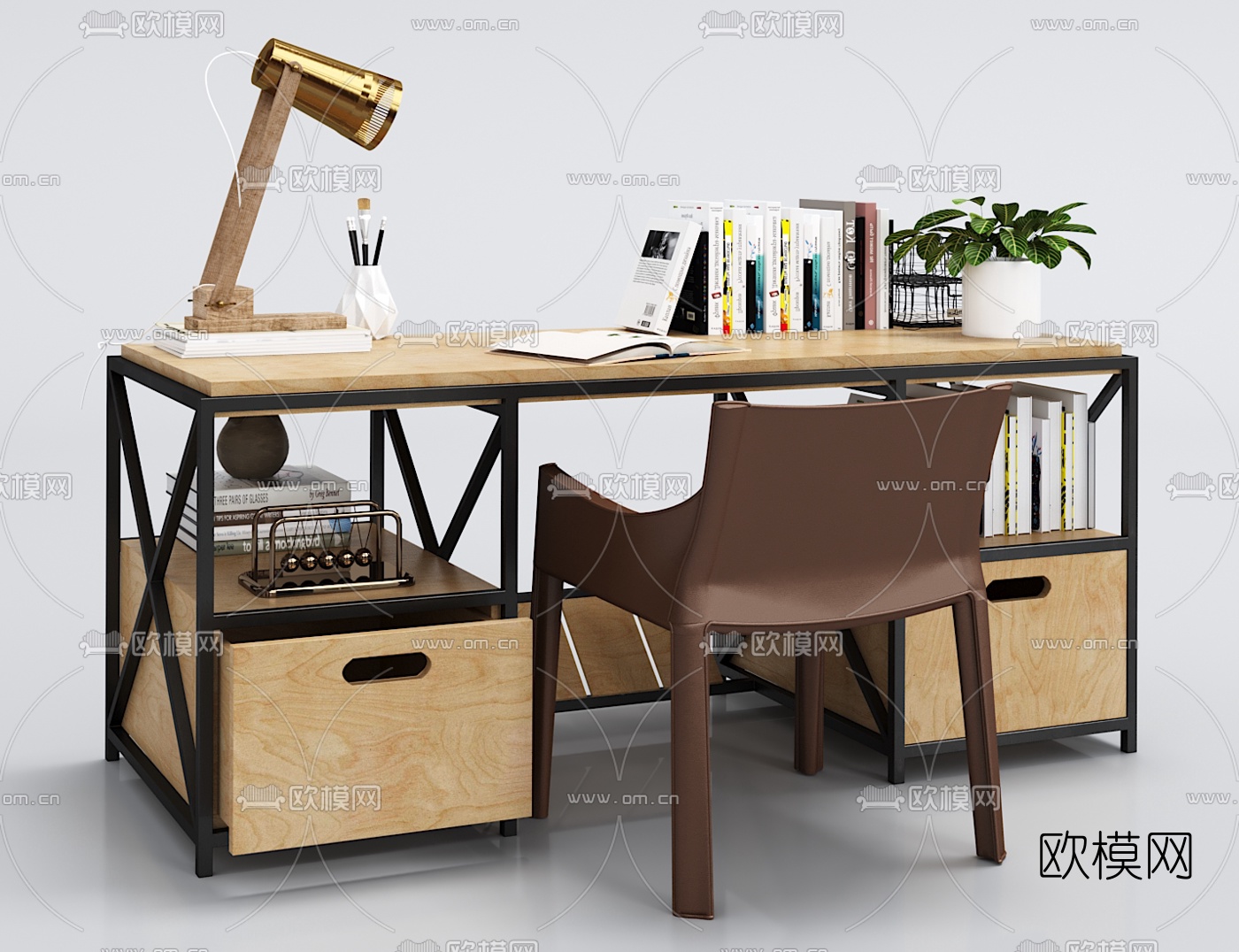 工业风实木书桌椅组合3d模型下载