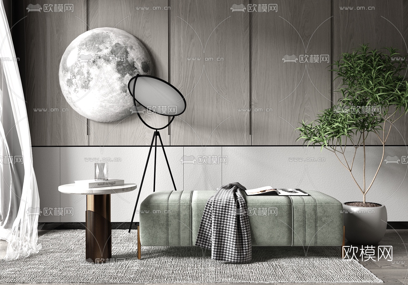 现代轻奢沙发凳su模型下载（渲染图1）