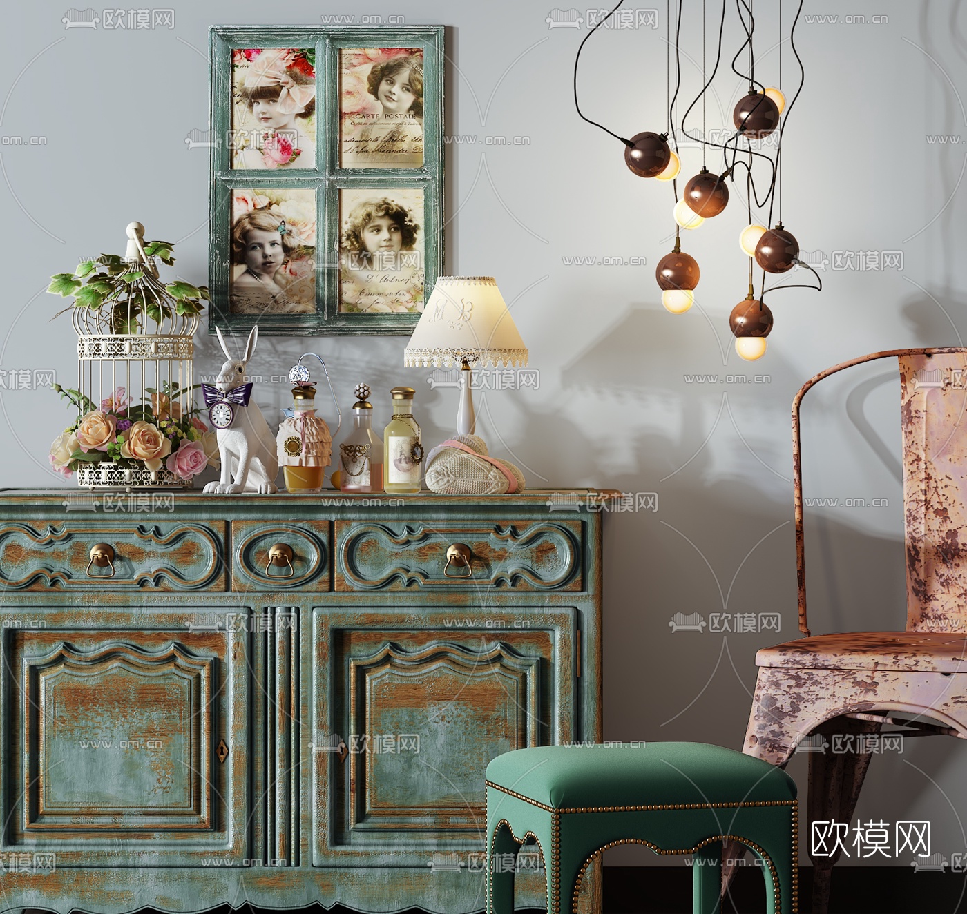 工业风边柜单椅吊灯组合3d模型下载（渲染图2）