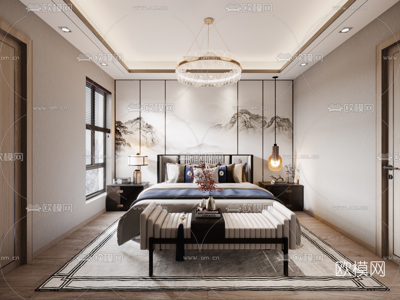新中式卧室3d模型下载
