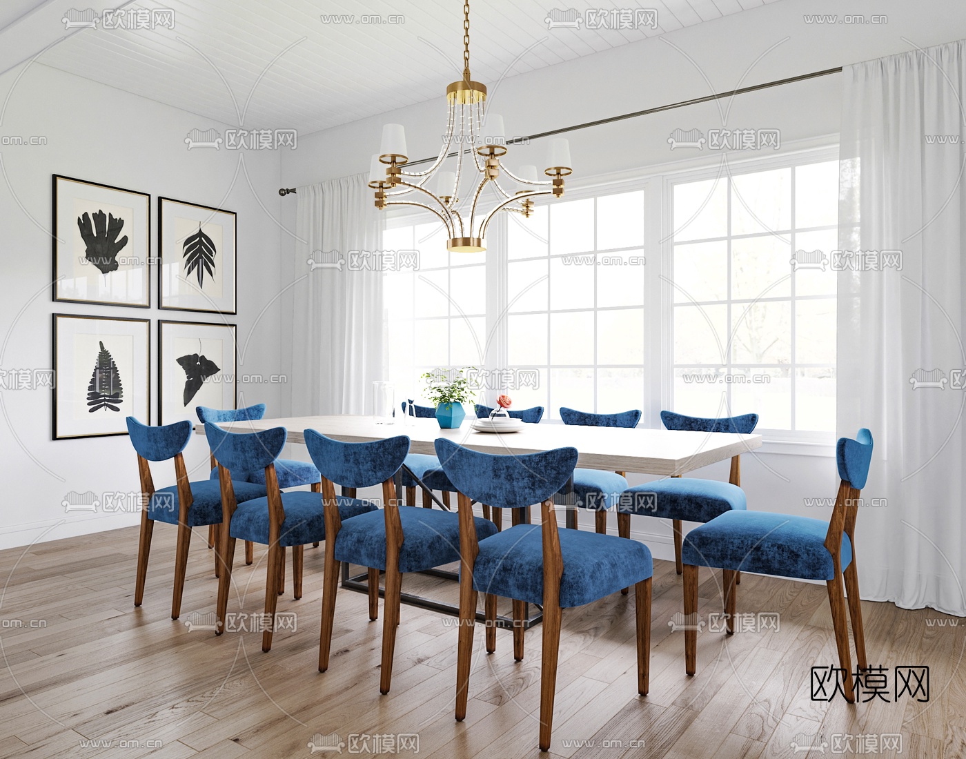 简欧方形十人桌餐桌椅3d模型下载（渲染图1）