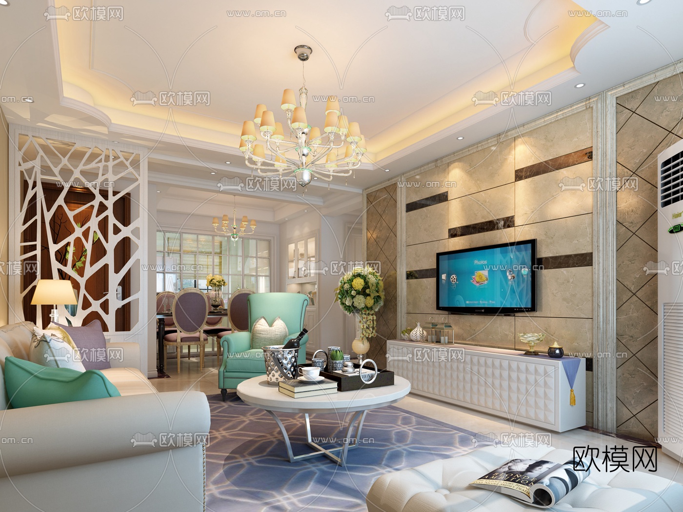 简欧客厅餐厅免费3d模型-免费3dmax模型库-欧模网