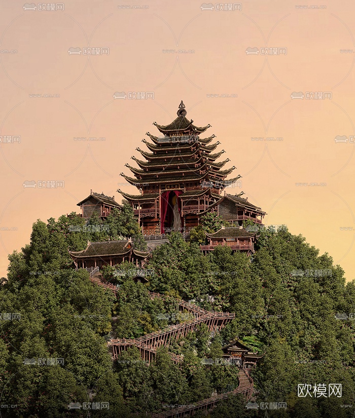 中式古建筑寺庙3D模型-免费3dmax模型库-欧模网