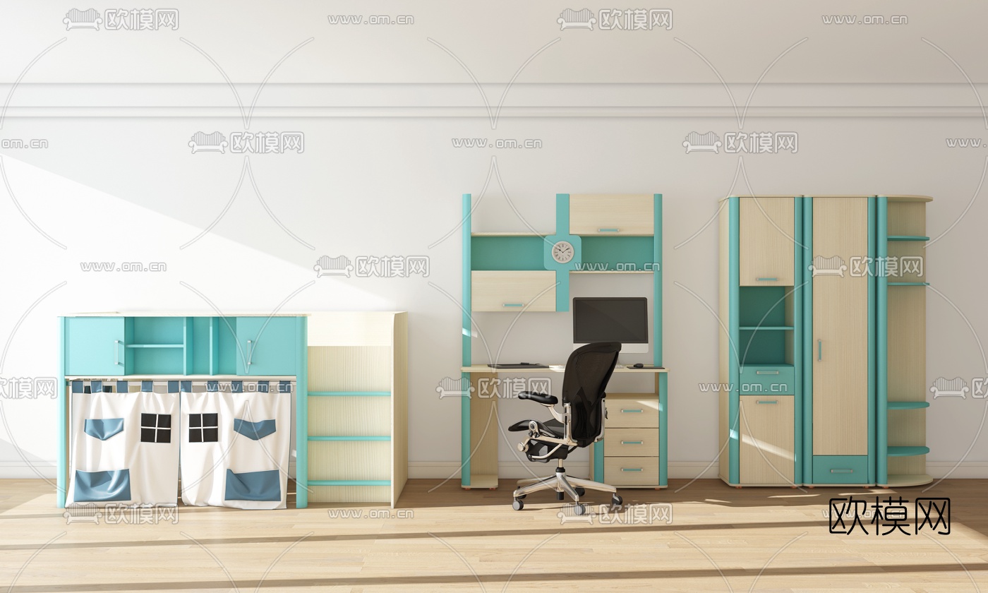 现代儿童床书桌衣柜组合3D模型下载（渲染图1）