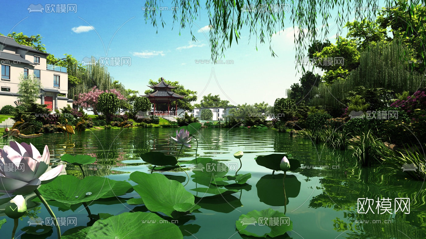 中式荷花池园林景观3d模型
