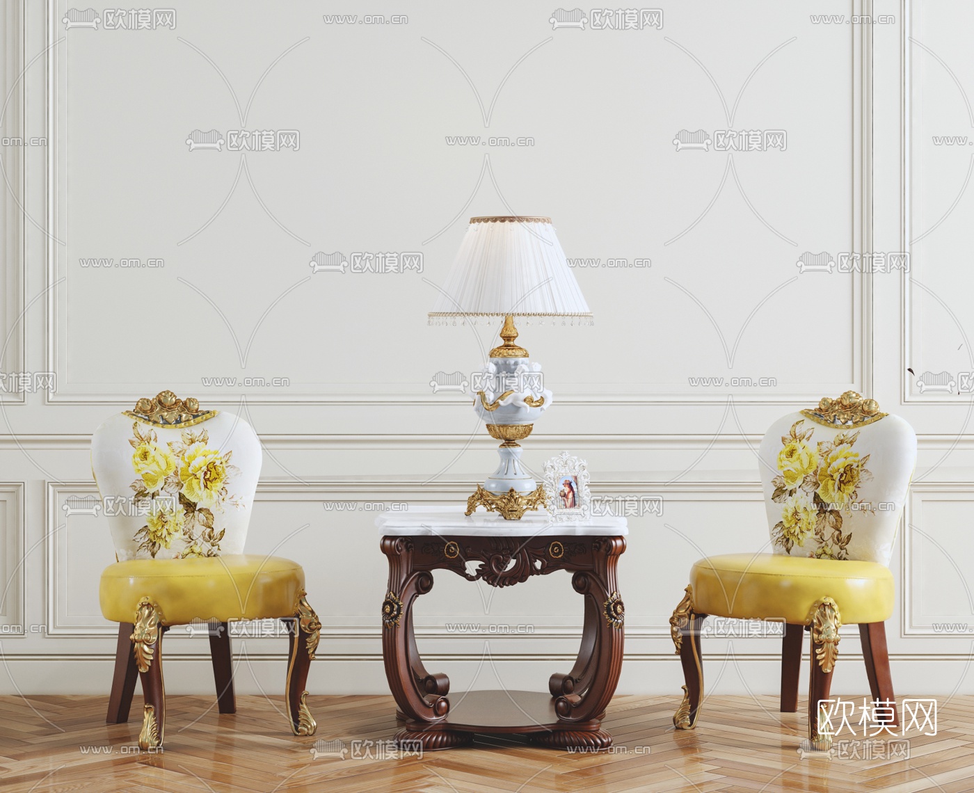 欧式皮革休闲椅边几台灯组合3D模型下载