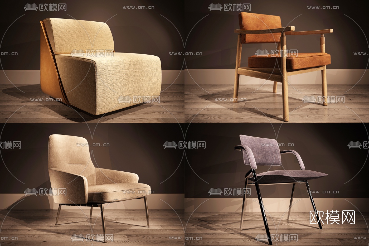 现代布艺单椅组合3D模型下载