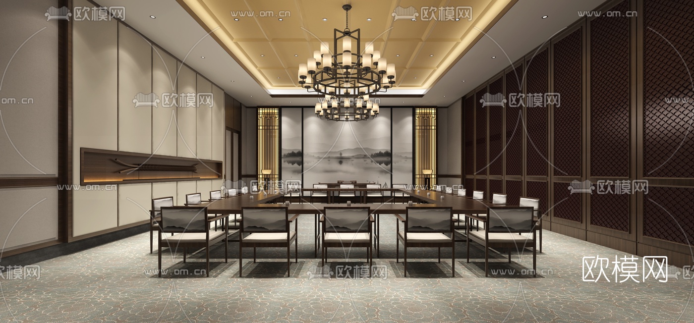 新中式多功能会议厅3D模型-免费3dmax模型库-欧模网