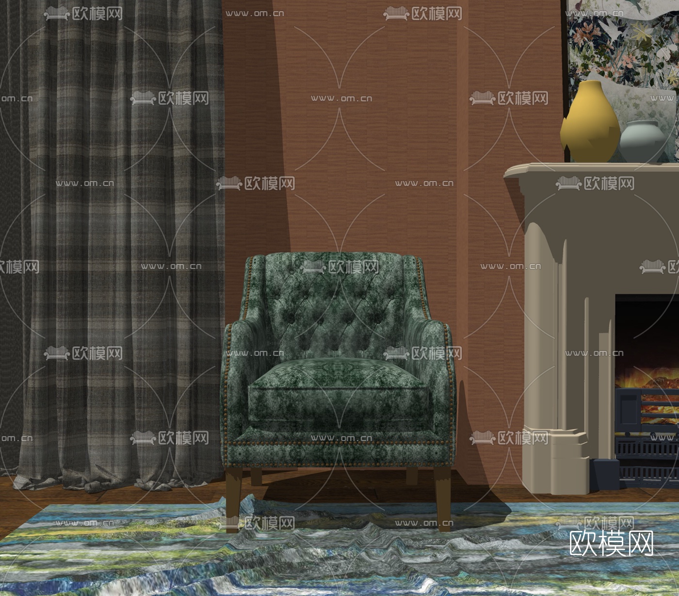 美式皮革单人沙发su模型下载