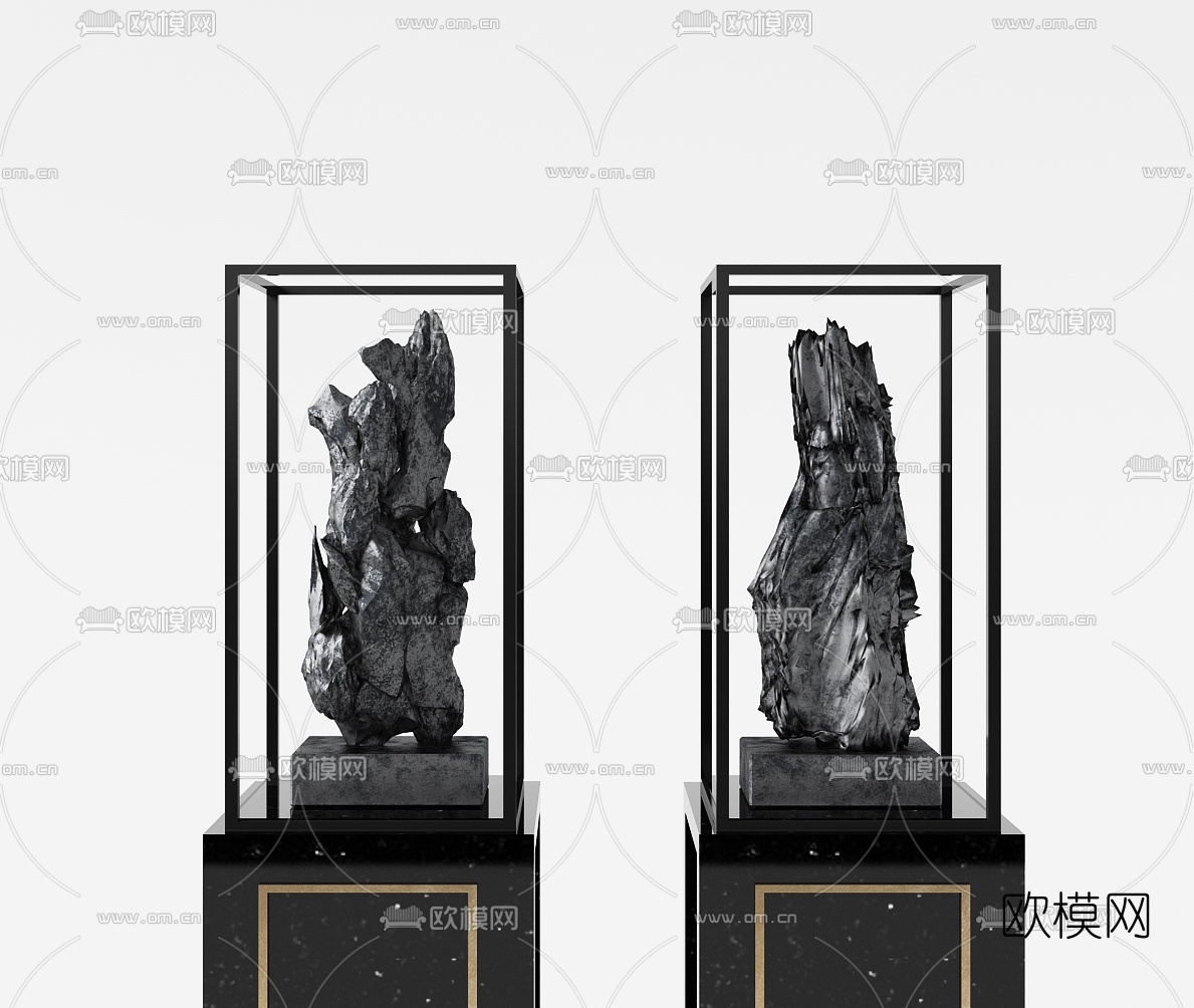 新中式石头雕塑摆件组合3d模型下载