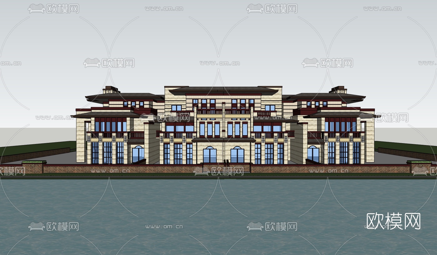 中式连排别墅su模型