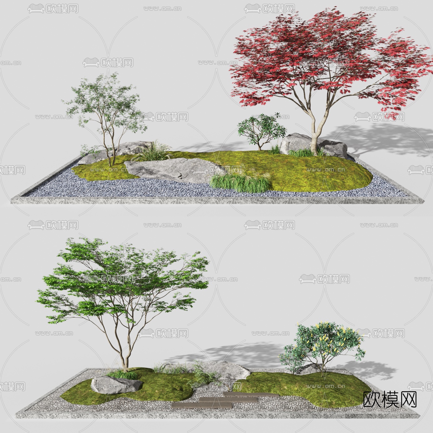 现代石阶红枫树景观小品3d模型下载（渲染图1）
