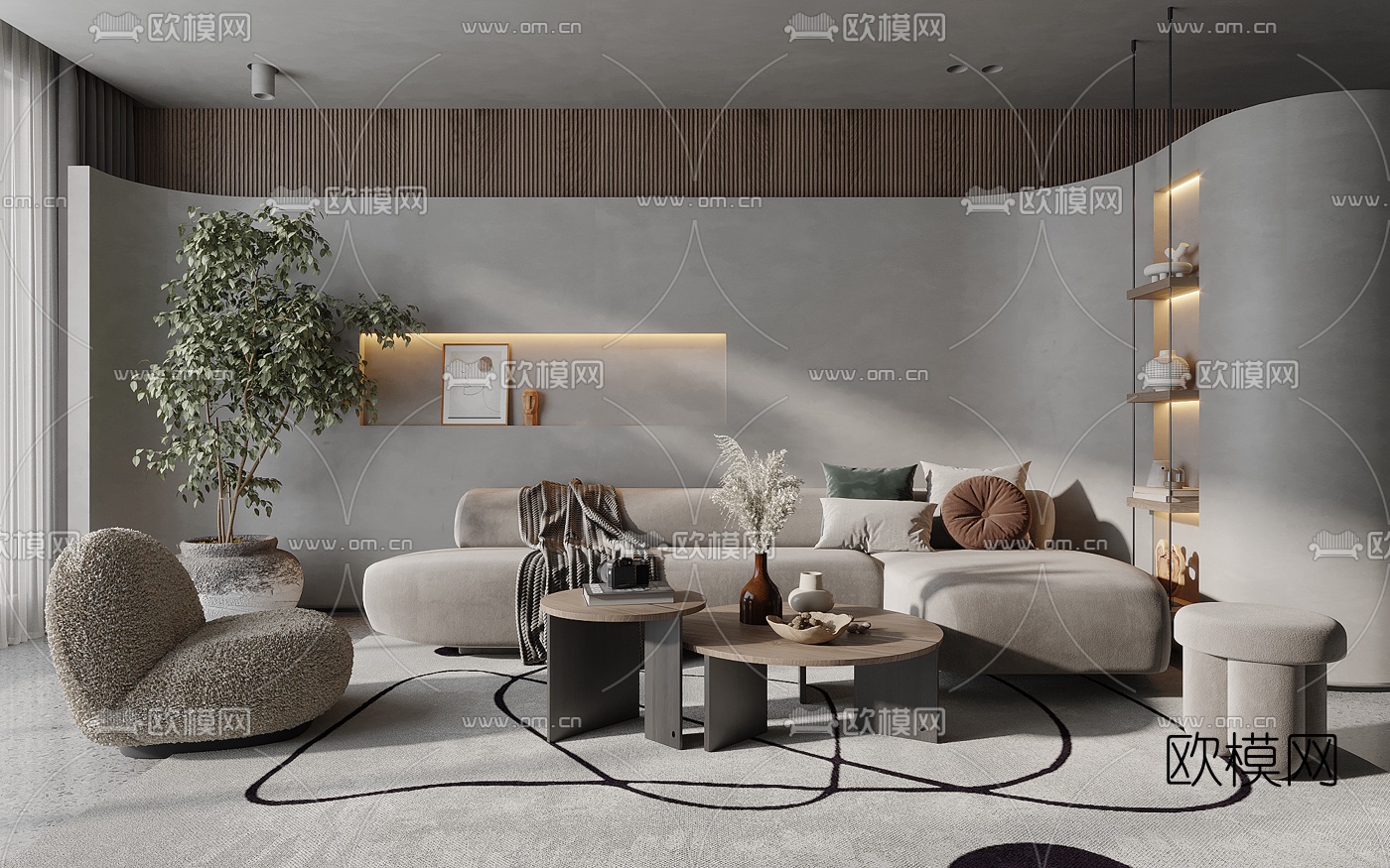 侘寂布艺转角沙发组合3d模型下载