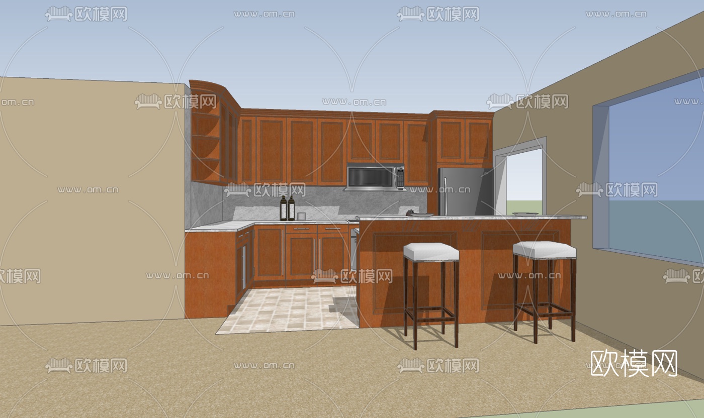 美式橱柜免费su模型下载（渲染图2）