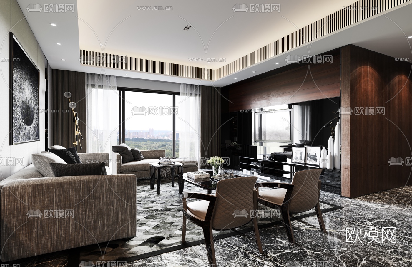 现代轻奢客厅餐厅3d模型下载（渲染图2）
