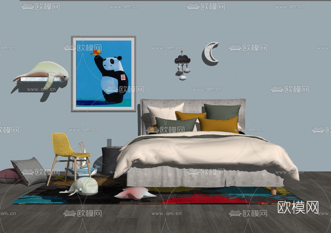 北欧布艺儿童床su模型下载