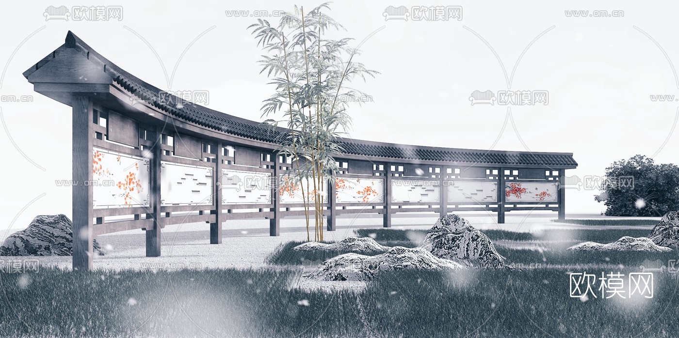 中式弧形景观长廊3d模型下载