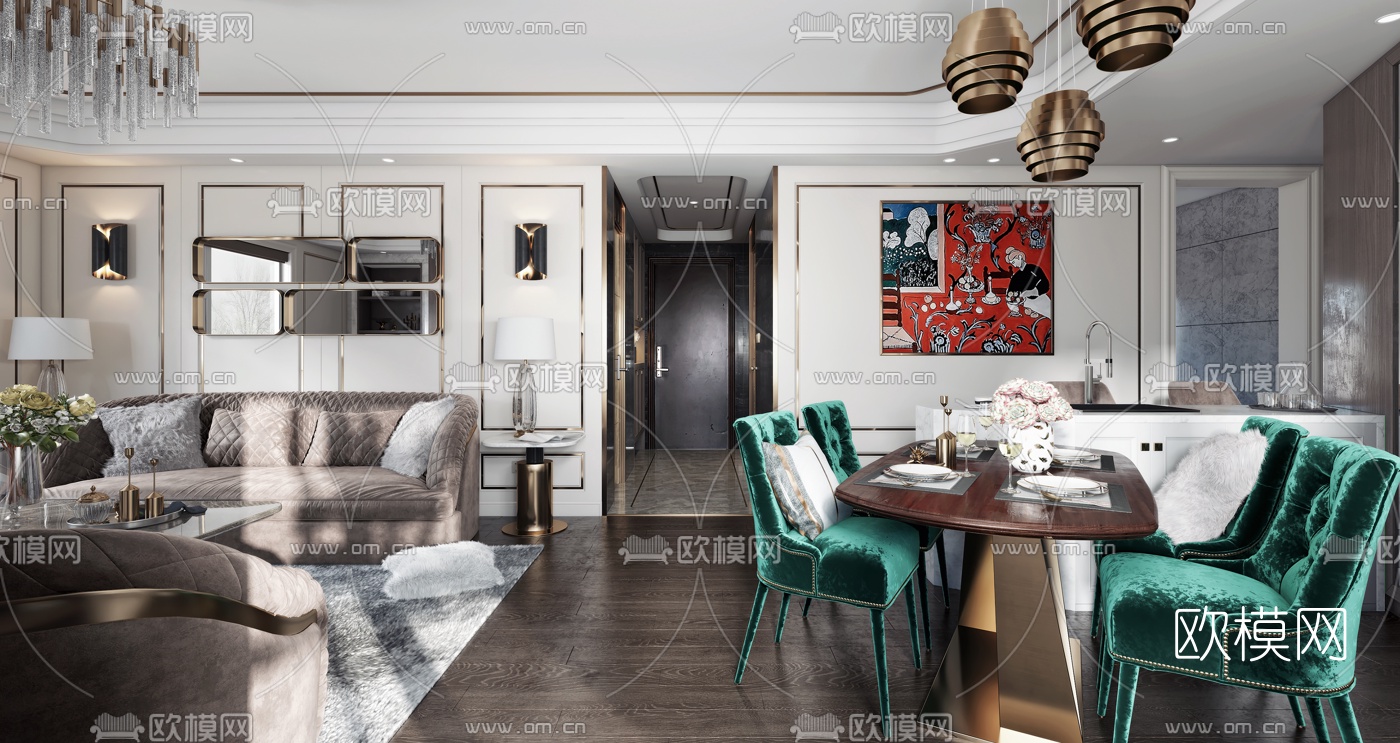 后现代奢华客餐厅3d模型下载（渲染图3）