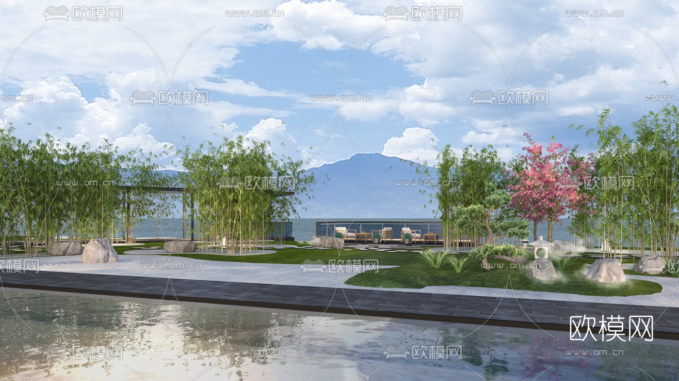 新中式酒店园林景观3d模型