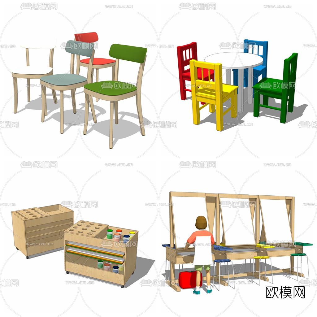 现代儿童桌椅画架组合su模型下载