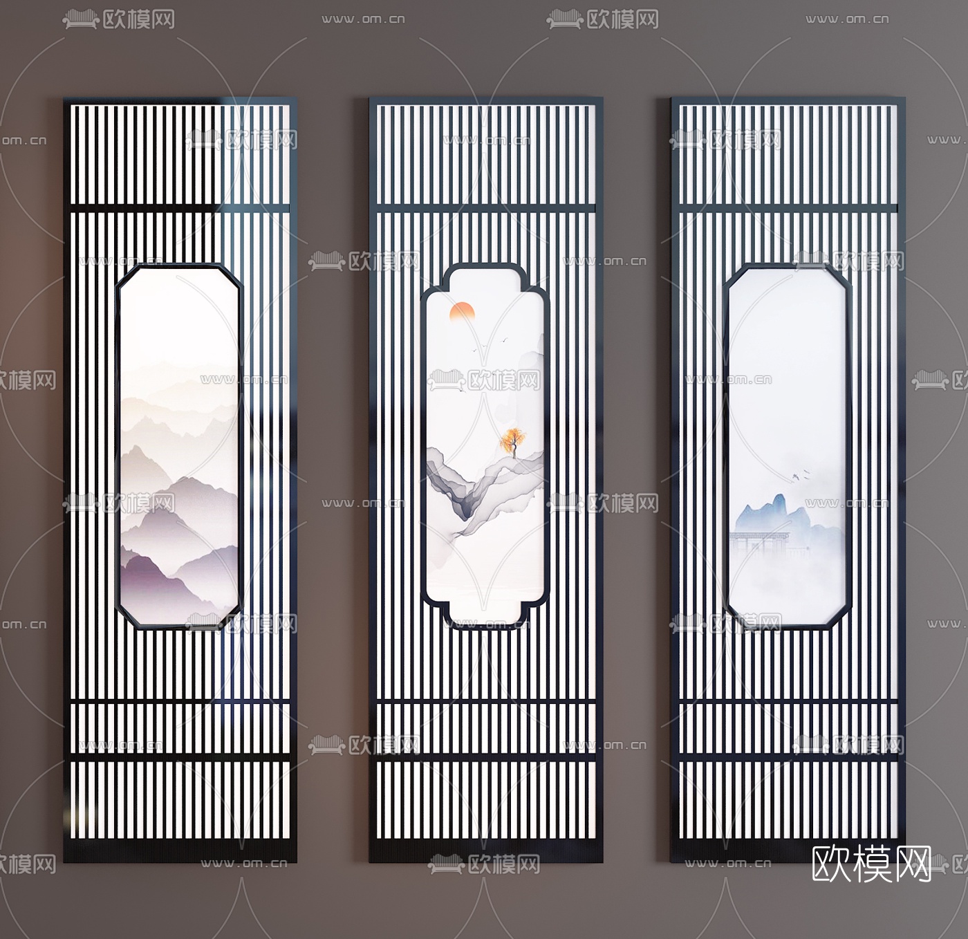 新中式实木梅花水墨屏风隔断3d模型下载（渲染图2）