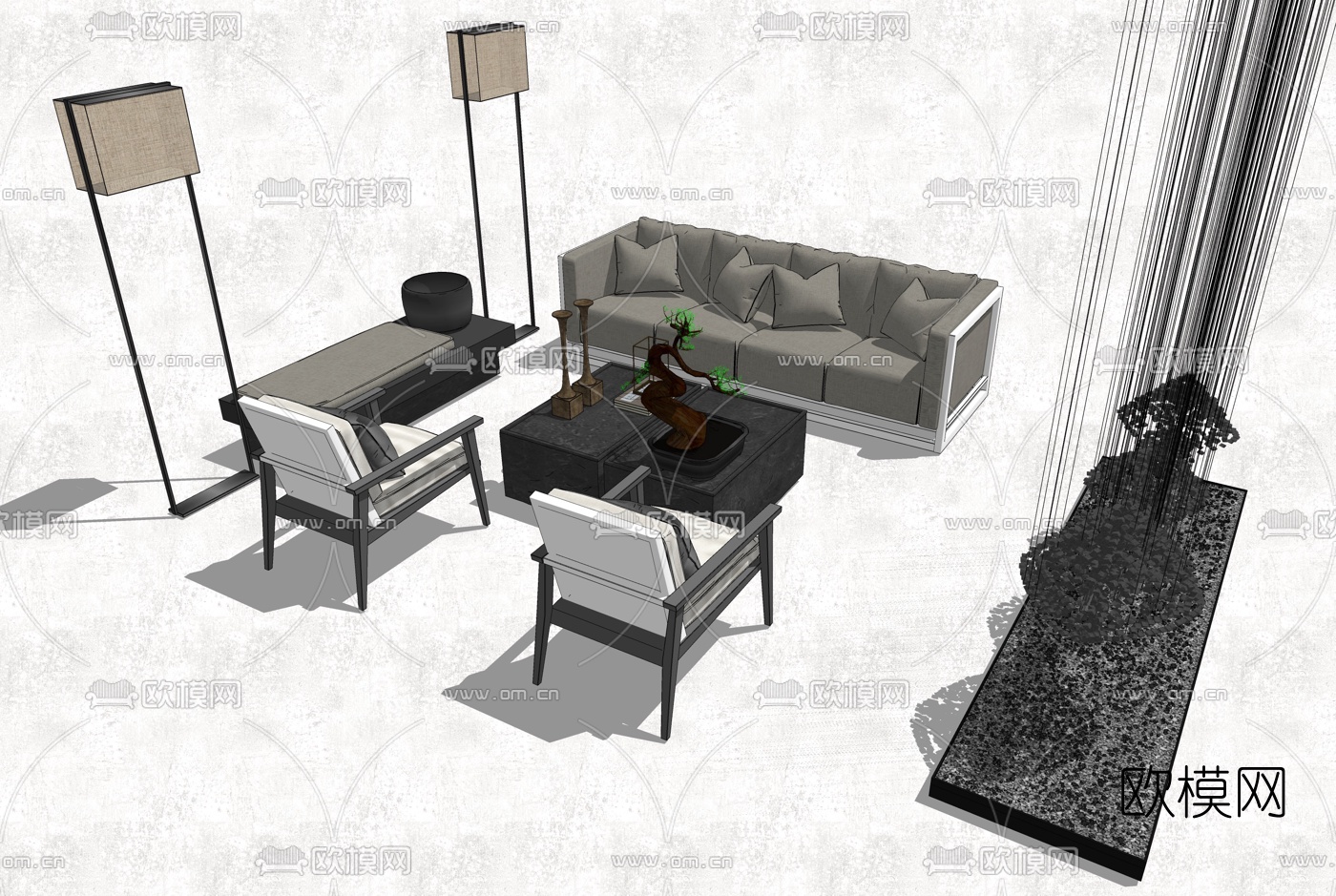 新中式布艺沙发组合su模型下载（渲染图1）