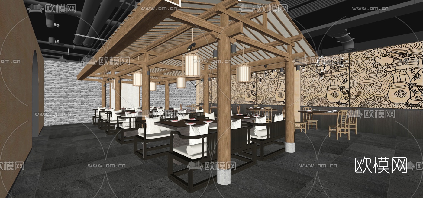 新中式餐厅su模型