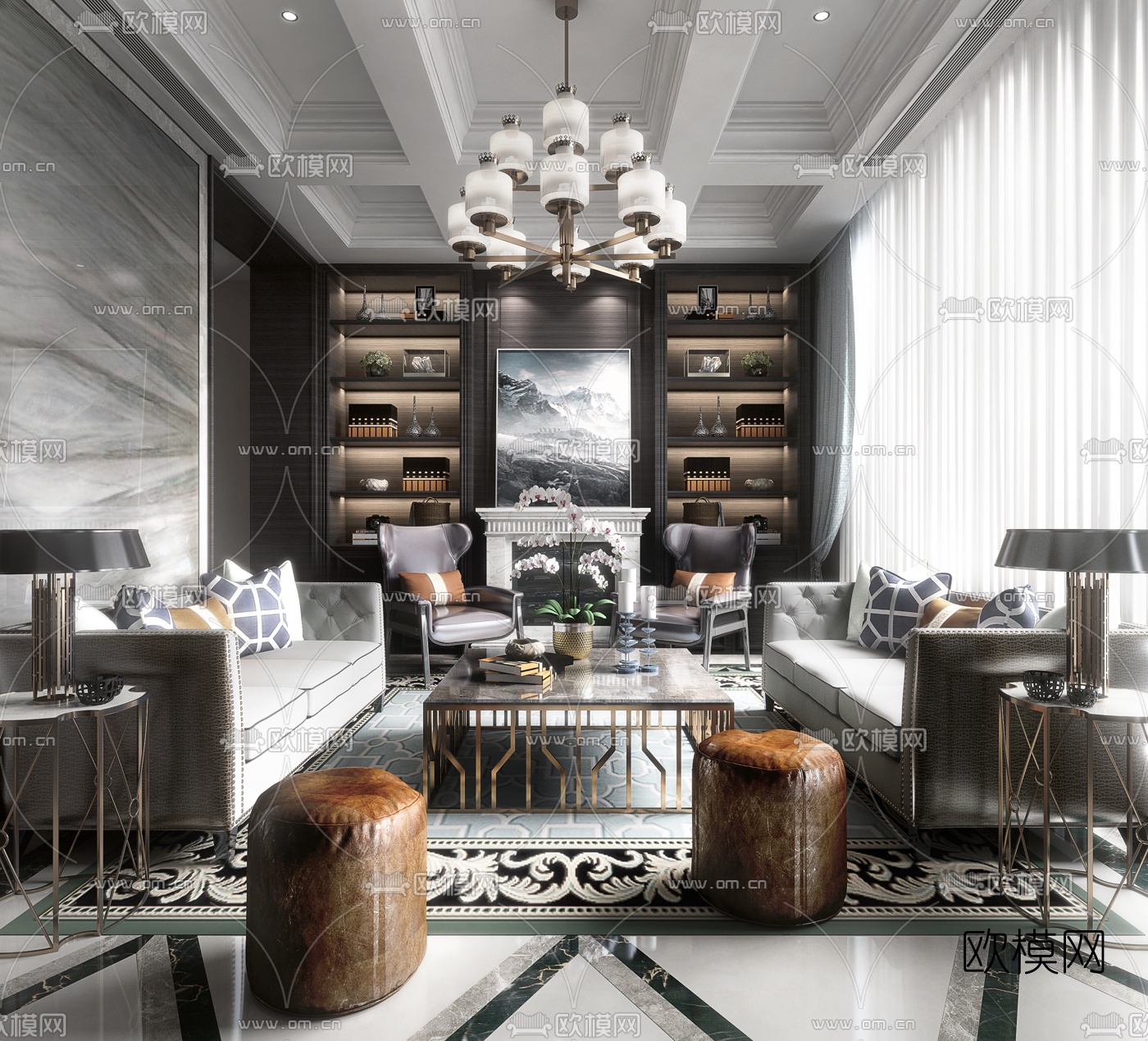 新古典客厅3d模型下载（渲染图1）