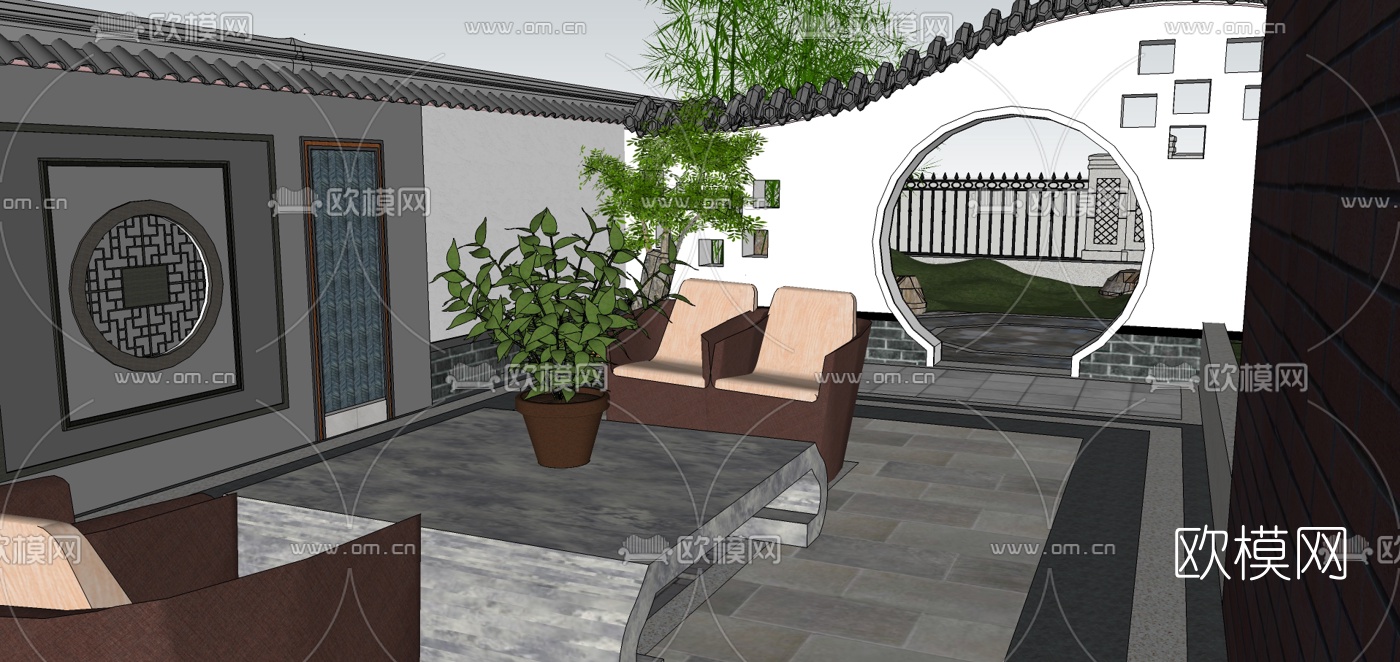 新中式庭院花园设计su模型下载（渲染图6）