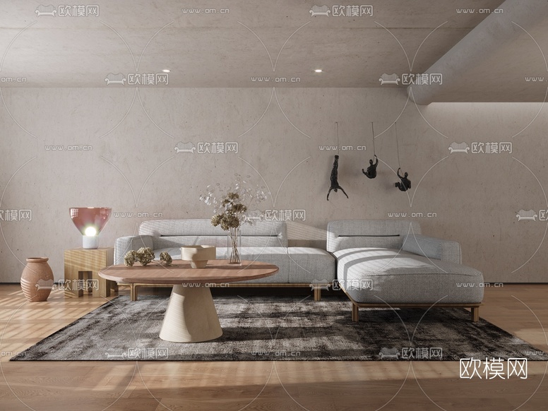 侘寂布艺转角沙发茶几3d模型下载(渲染图1)