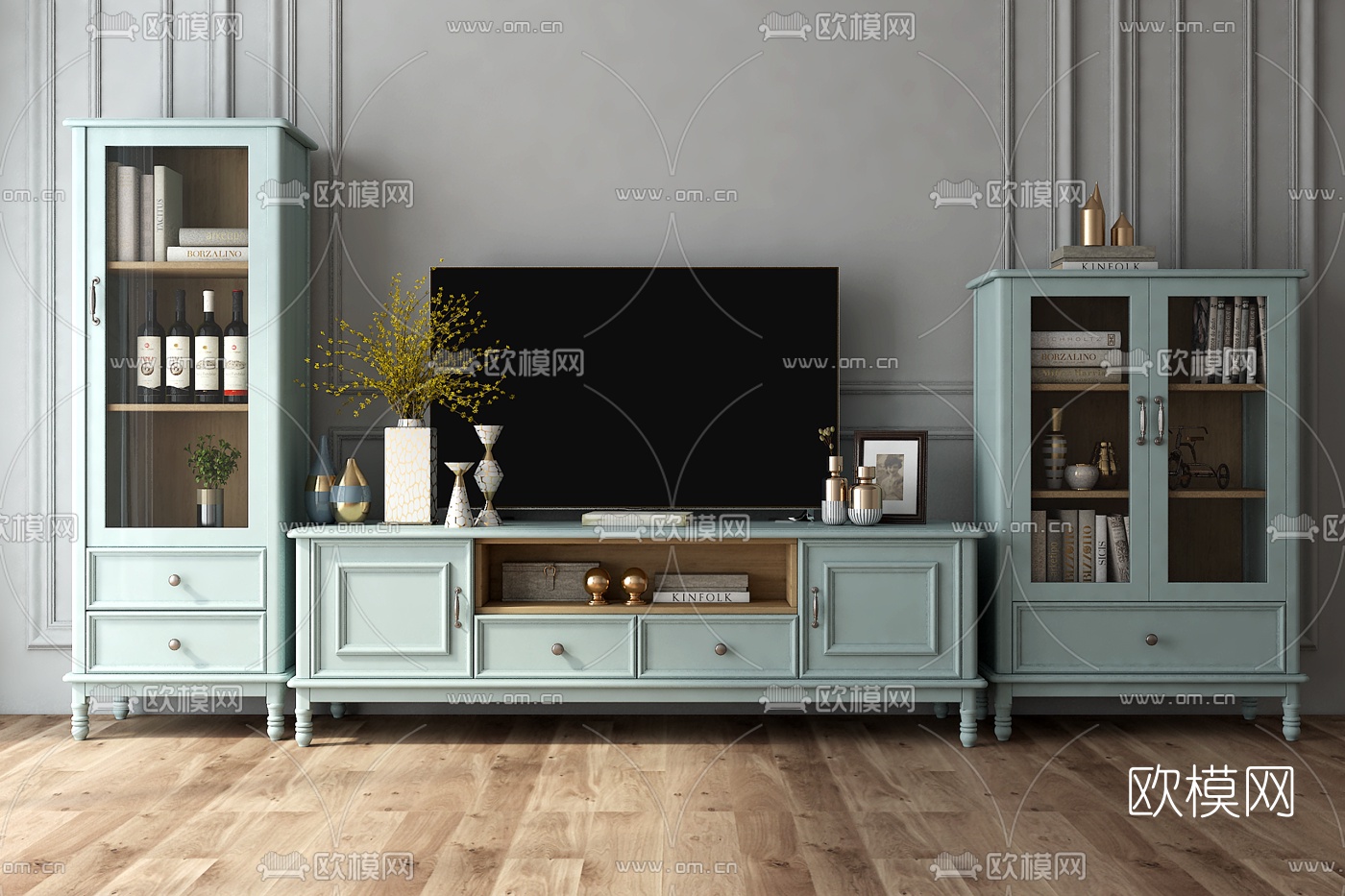 美式实木电视柜组合3d模型下载（渲染图2）