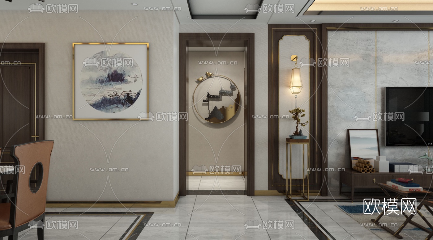 新中式客厅餐厅3d模型