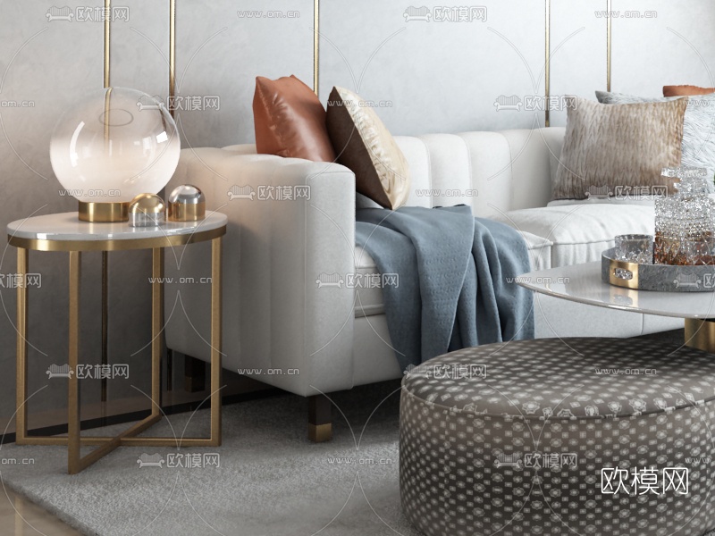 彬占建筑设计 现代轻奢布艺沙发组合3d模型下载（渲染图2）