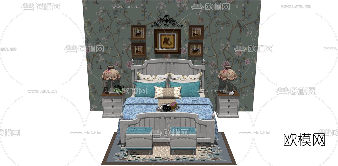 美式田园风双人床su模型下载（渲染图1）