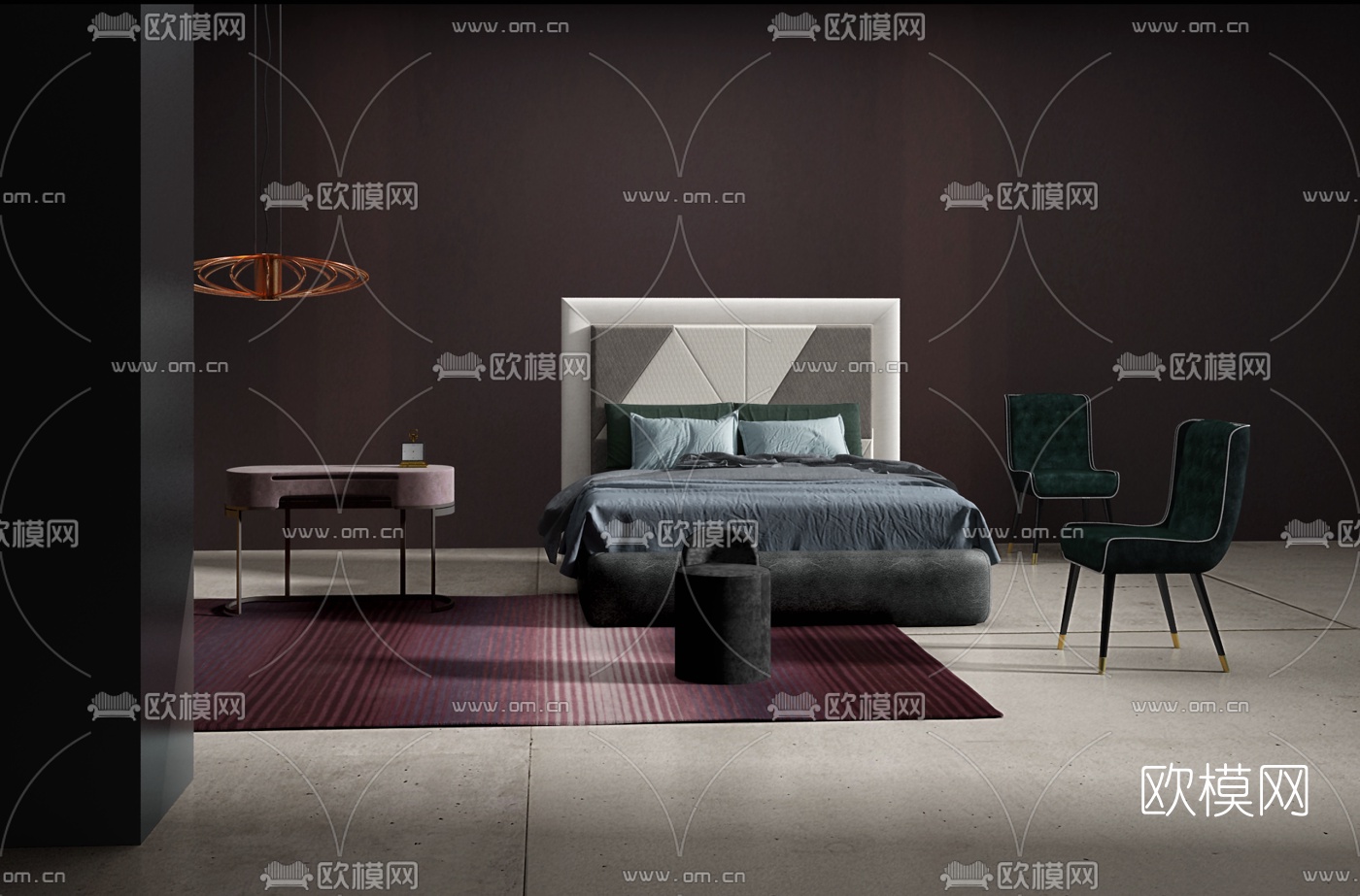 意大利BAXTER品牌 现代布艺双人床梳妆台3D模型下载（渲染图1）