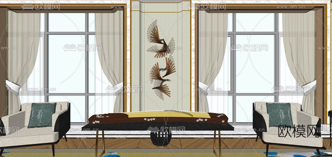 新中式会客厅su模型下载（渲染图2）