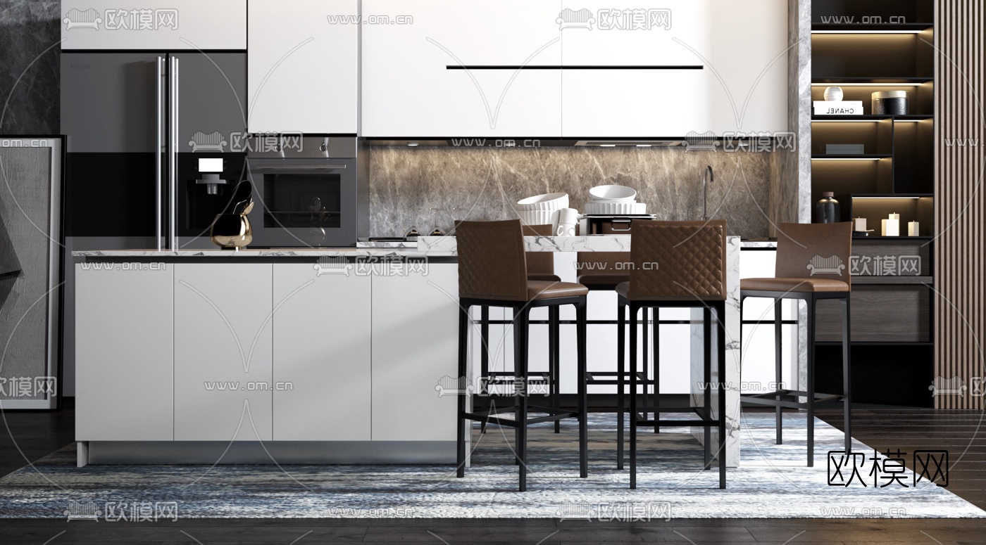 现代厨房吧台吧椅组合3d模型下载（渲染图1）
