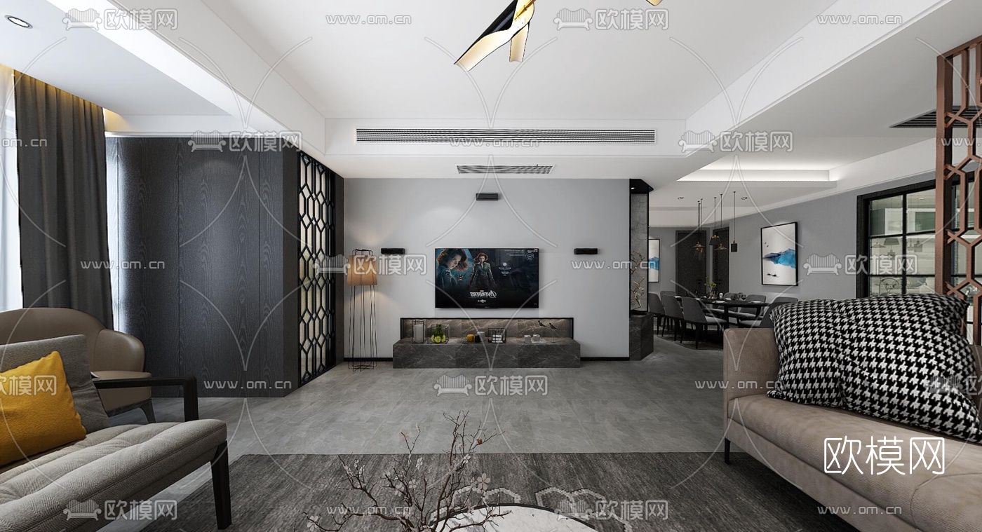 现代客厅餐厅VR全景3D模型