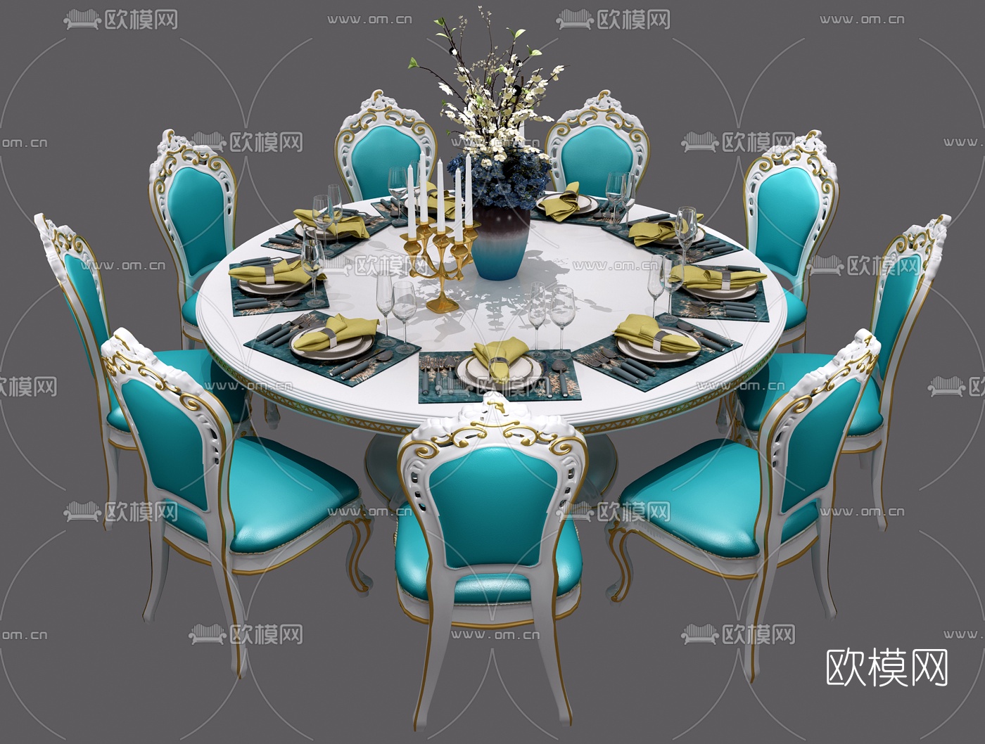 简欧圆形餐桌椅餐具组合3D模型下载