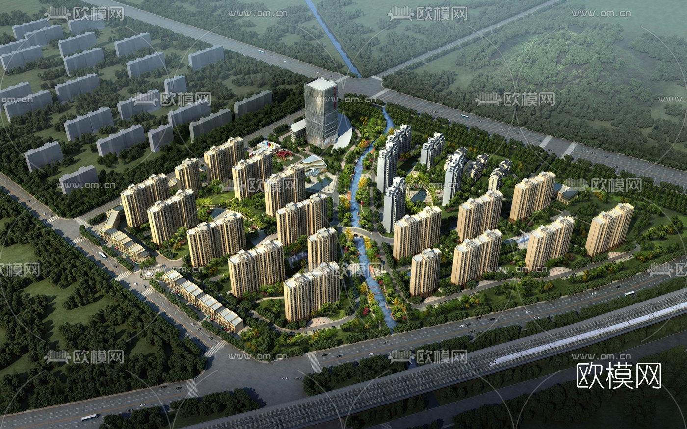 现代住宅小区鸟瞰3d模型下载